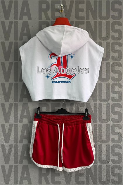 Los Angeles Printed 100% Cotton Hooded Zero Sleeve Cropped and Custom Jersey Fabric Shorts Women's Sports Set