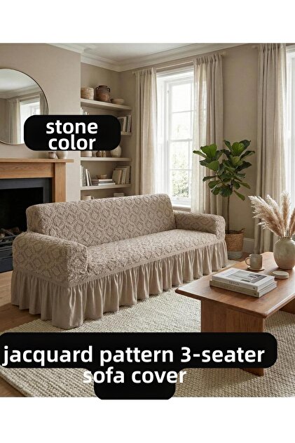 Jacquard Ottoman Pattern 3 Seater Sofa Cover with Elastic Skirt Sofa Cover Flexible Fabric Stain Resistant