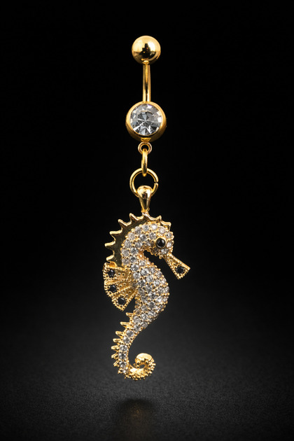 Cerrahi Çelik Zirkon Taşlı Deniz Atı Göbek Piercing Gold