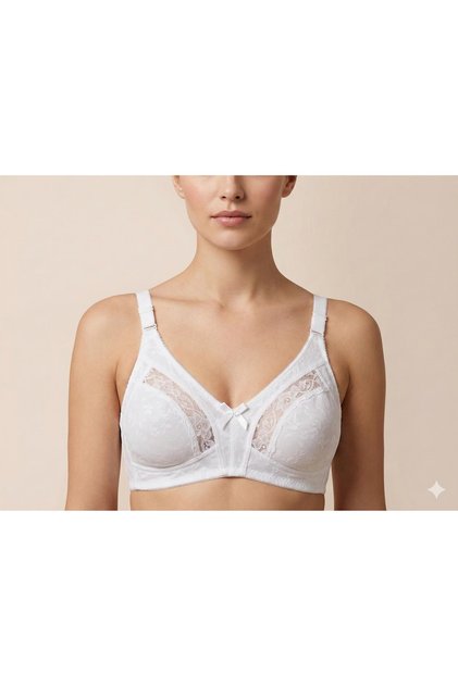 Women's White Full Lace Wire-Free Supportless Gathering Bra