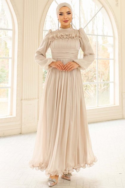 Yoryo Seiden-Hijab-Abendkleid mit Rüschen und Faltenverzierung TAŞ 1250