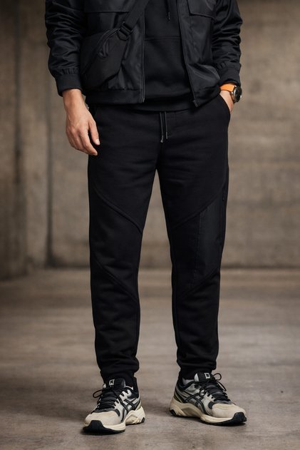 Men's Black Regular Fit Jogger Pants Sweatpants with Zipper on the Side Pocketed Pack of Cotton