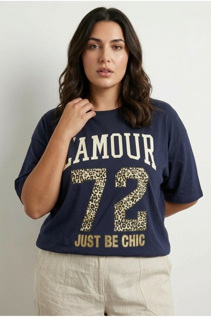 Plus Size Short Sleeve Crew Neck Metallic Printed Cotton T-Shirt 304180