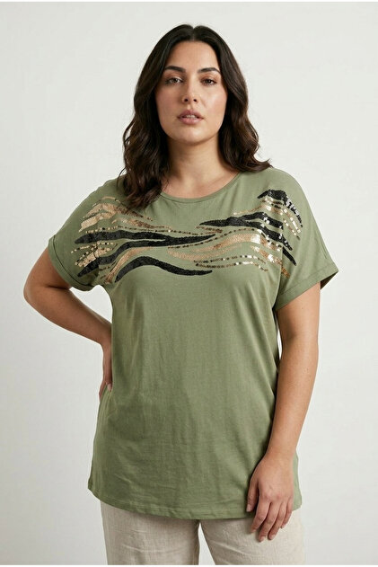 Plus Size Crew Neck Short Sleeve Sequined Shiny Printed T-Shirt 615556