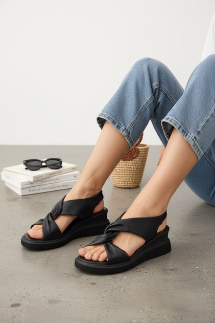 Women's Black Genuine Leather 36-41 Number Flat Filled Mid-Heel Band Sandals
