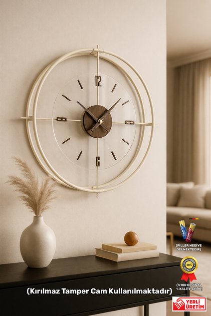 Büyük Boy Jumbo Bej/Ceviz Kırılmaz Camlı (Tamperli) Sessiz Metal (Paslanmaz) Duvar Saati 55x55