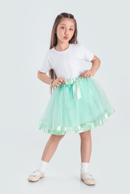 Girl's tulle ribbon skirt green fluffy ceremony outfit