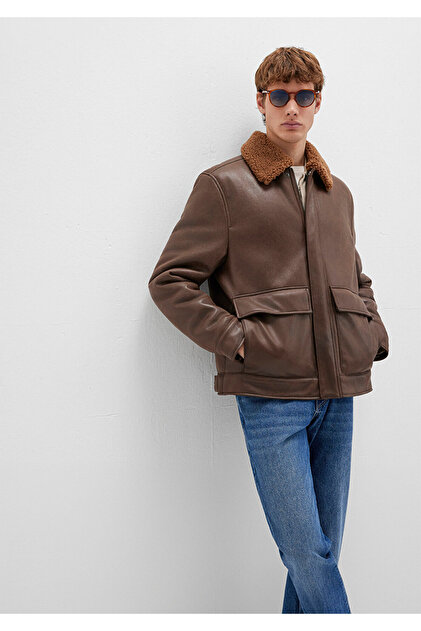 Mavi Brown Faux Fur Detailed Faux Leather Jacket Regular Fit