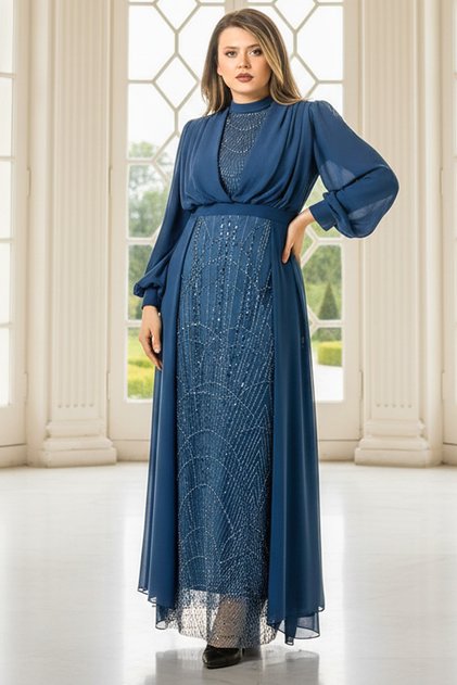 İşleme Detaylı Şifon Abiye Elbise İndigo FHM954