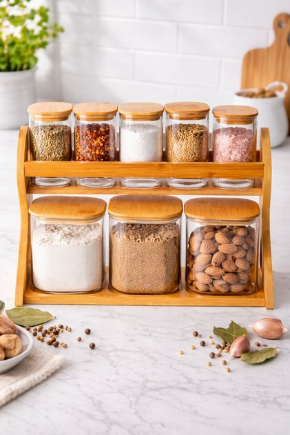 Bambu Standlı Kare Cam Baharatlık