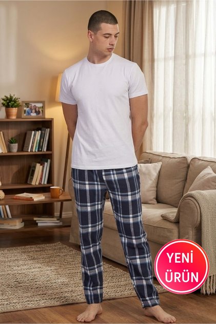 Men's Short Sleeve Plaid Pajama Set – White Top, Red / Black / Blue Bottom