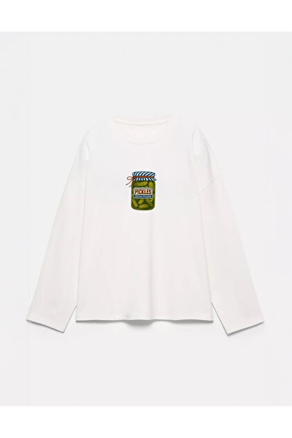 100% Cotton Oversize Fit Pickles Printed - Crew Neck Long Sleeve T-Shirt