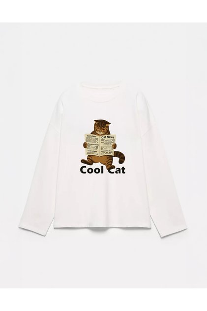 %100 Pamuk Oversize Fit Cool Cat Baskılı - Bisiklet Yaka Uzun Kollu T-shirt