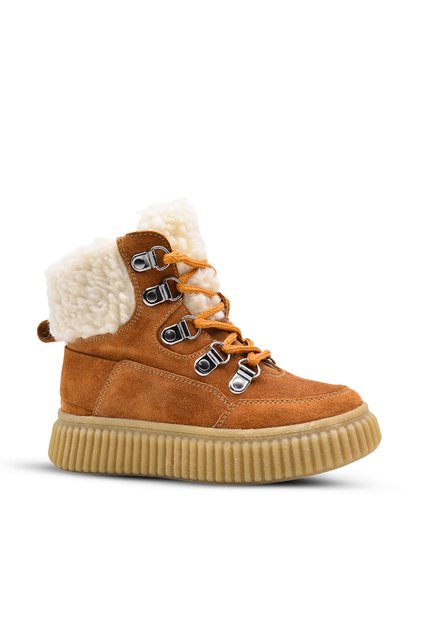 Carmen Plush Fur Collar Detailed Lace Up and Zippered Leather Girl's Boots Cinnamon