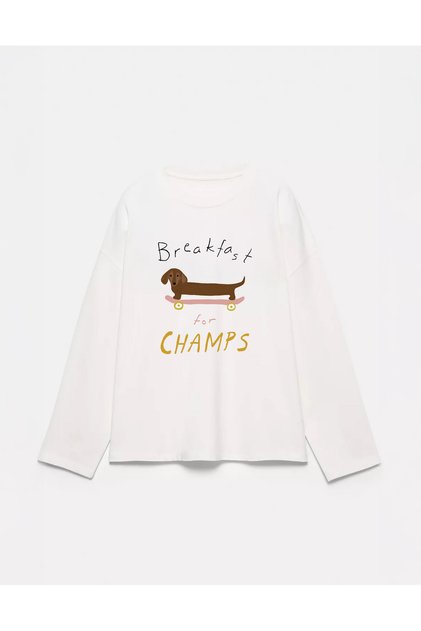 100% Cotton Oversize Fit Breakfast Champs Printed - Crew Neck Long Sleeve T-Shirt