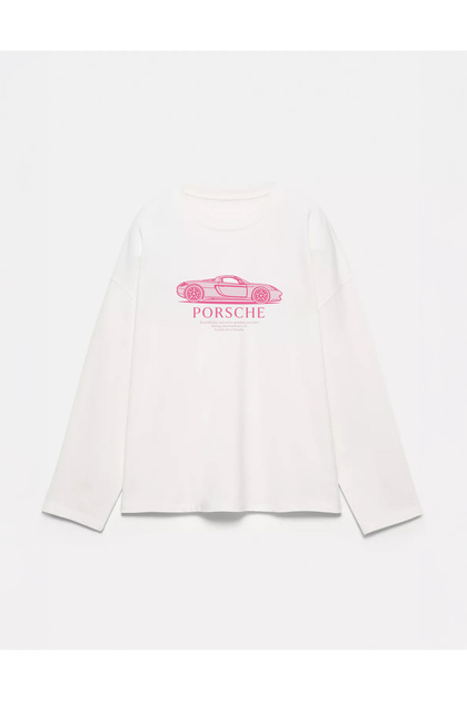100% Cotton Oversize Fit Pink Porsche Printed - Crew Neck Long Sleeve T-Shirt