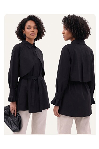 Women's Black Hijab Poplin Belted Tunic Shirt Comfortable Fit