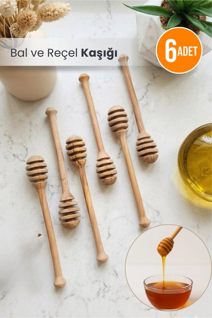 6 Adet - Ahşap Bal Ve Reçel Kaşığı Kavanozluk