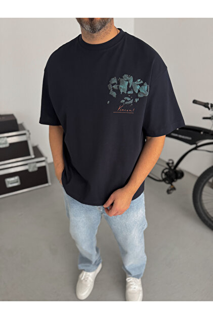 BYBASICMAN Lacivert Broken Vincent Kabartmalı Oversize T-Shirt SW