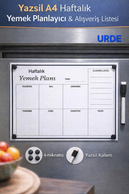 A4 Yaz Sil Haftalık Yemek Planı ve Alışveriş Listesi Magnet LAMİNASYON (PVC)– Buzdolabı İçin Manyetik Menü Planlayıcı