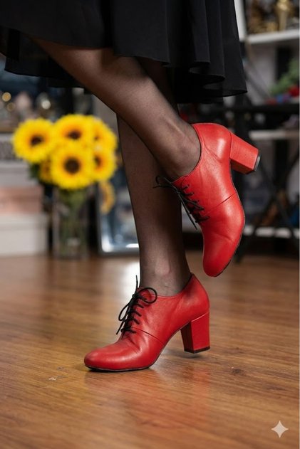 NAR ÇİÇEĞİ KIRMIZISI 6CM KALIN TOPUK TANGO, SWING VE TÜM DANSLAR İÇİN UYGUN DERİ AYAKKABI