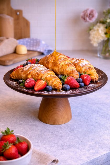 Ligna Melamine Wood Embossed 28 cm Lucca Footed Cake Plate, Serving Plate, Presentation Plate