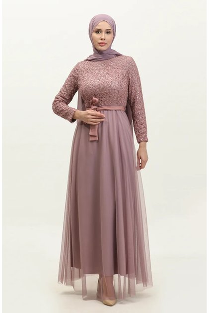 Lace belted evening dress 5353a-15 lilac