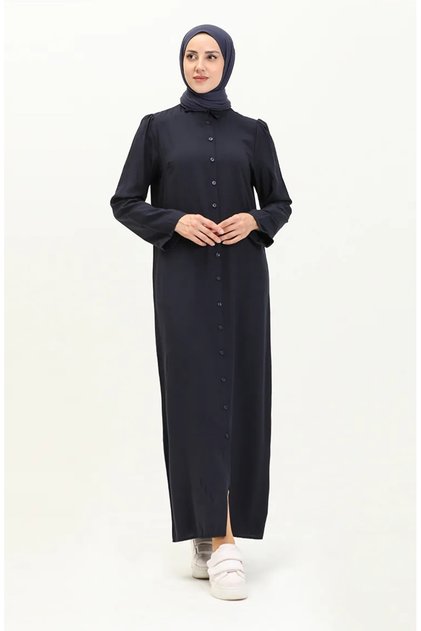 Navy Blue Viscose Dress - Sleeve Smocked and Buttoned 5109-03