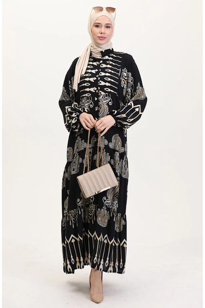 Viscose Fabric Patterned Buttoned Dress 2014-04 Black
