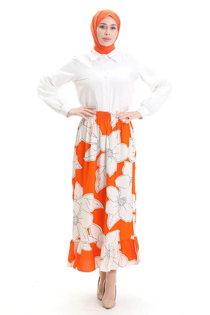 Viscose Fabric Elastic Waist Ruffle Skirt 2012E-03 Orange