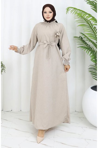 Rubber Detailed Belted Dress 2063-02 Mink