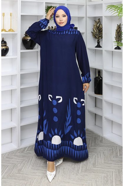 Patterned Dress with Elasticated Sleeves 0084-01 Navy Blue
