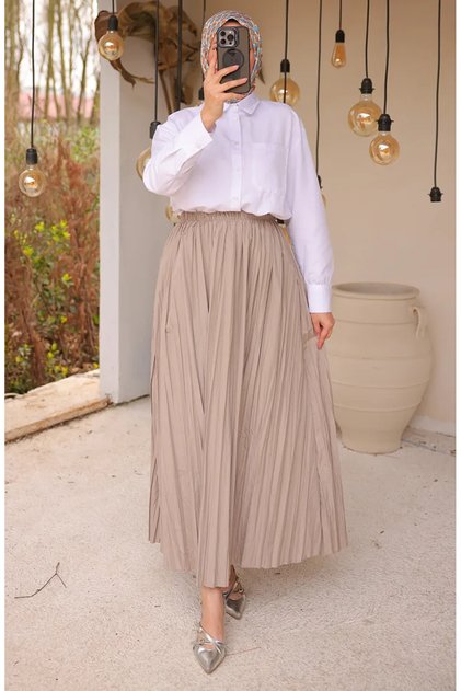 Elastic Waist Pleated Skirt 71268-05 Beige