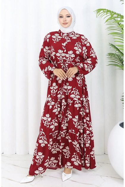 Half Button Patterned Dress 2052-01 Burgundy