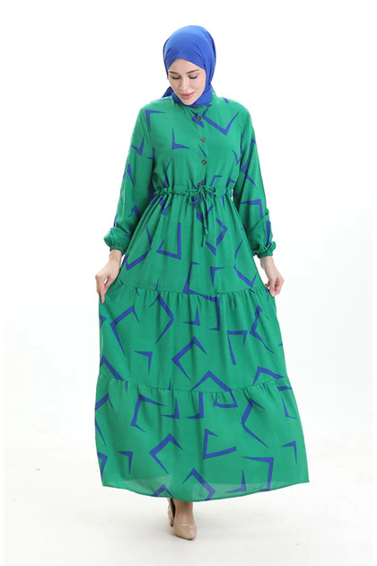 Patterned dress with lace-up waist and buttons 2109-04 emerald green Cobalt