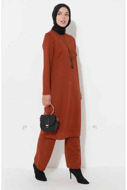 Necklace Tunic Trousers Double Set 8585-10 Tan