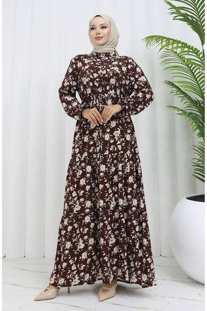 Viscose Fabric Half Button Patterned Dress 0053-01 Brown