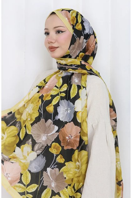 شال قطني منقوش 70323-04 أصفر أسود