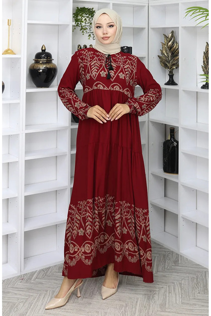 Patterned Viscose Dress 4076-05 Claret Red