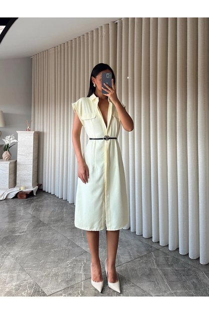 Belted Polo Neck Dress - Yellow