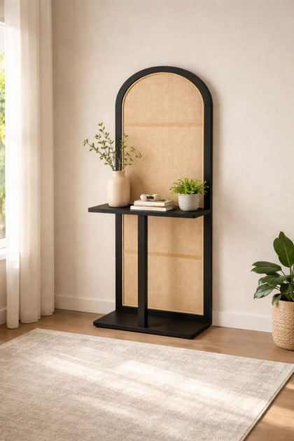 Modern Arched Orginizer Rack with Cane Panel and Black Wood Frame modern arched