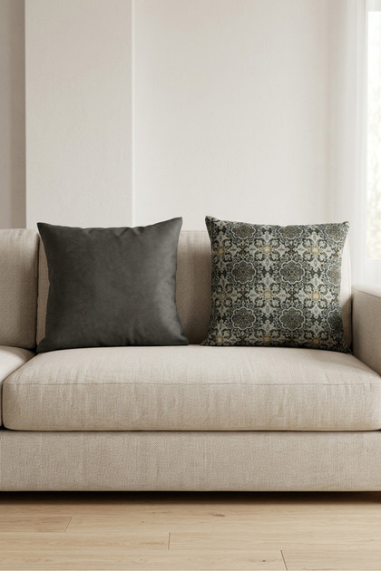 Dark Gray Velvety and Patterned Ethnic Throw Pillow Cover Set of 2 43×43cm