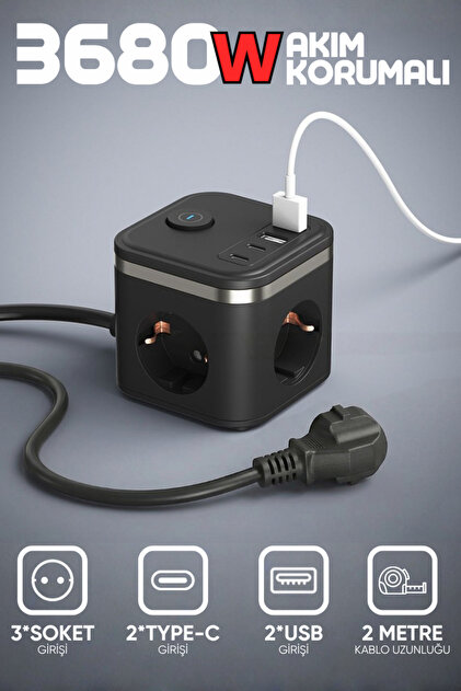 Enshall Yeni 3680W Pro Power 2xType-C ve 2x USB Girişli Anahtarlı
