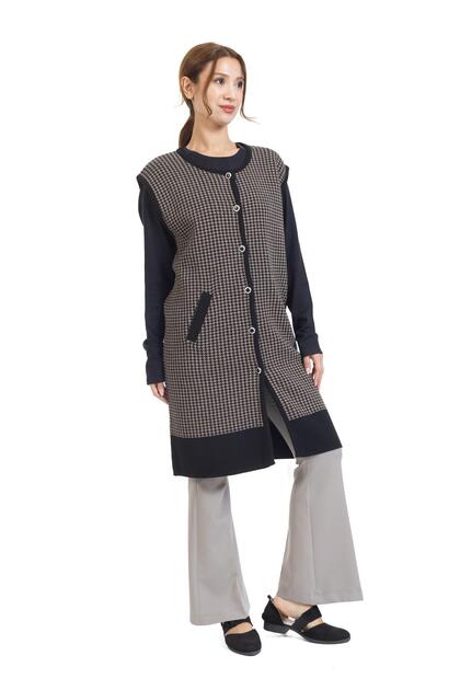 Women's Middle-Aged and Above Knitwear Knitted Buttoned Houndstooth Patterned Mother Long Vest 366