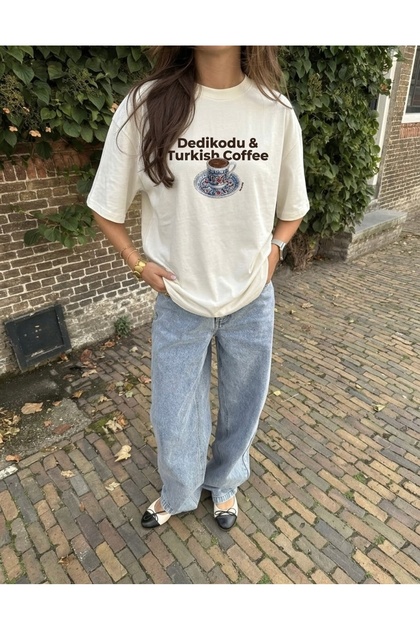 Turkish Coffee Baskılı Bisiklet Yaka Oversize Trend Kadın T-shirt