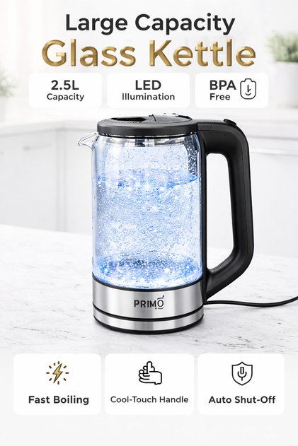 غلاية كهربائية زجاجية، سعة 2.5 لتر، 2200 واط، موديل PR642 - إضاءة LED زرقاء وتصميم عصري.