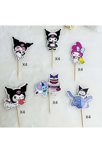 24 Pieces of Kuromi and My Melody Themed Cupcake Decorations - Birthday Party Toothpicks - Cake Decoration Set