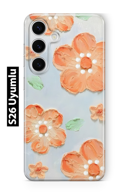 Samsung Galaxy S26 Compatible Orange Flower Oil Painting Patterned Transparent Phone Case
