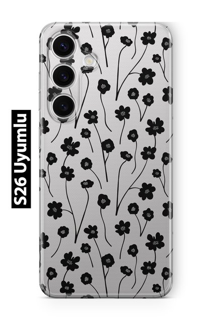 Samsung Galaxy S26 Compatible Black Floral Print Transparent Phone Case