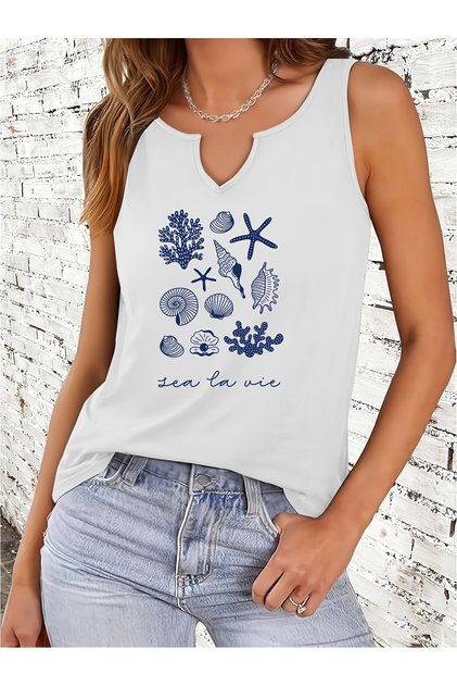 Women's Sea Shell Printed Half V-Neck Sleeveless Regular Fit Casual T-Shirt